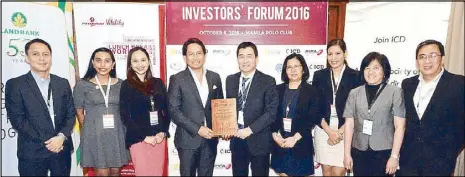  ??  ?? PHILEX RECOGNIZED FOR CORPORATE GOVERNANCE: Philex Mining Corp. was among the 15 publicly-listed companies recently recognized as Institutio­nal Investors’ Governance Awardees during the first ever Investors’ Forum 2016 held at the Manila Polo Club,...