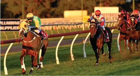  ??  ?? GROWING GAP: Jockey Michael Schrapel brings Agapantha home to win race one at Clifford Park. PHOTO: KEVIN FARMER