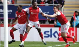  ?? ?? Hakeem Odoffin (centre) celebrates after scoring the winner early in the second half. Photograph: Richard Sellers/PA