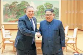  ?? AP FILE ?? In happier times: US secretary of state Mike Pompeo with Kim Jong Un at their May 9 meet.