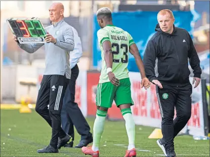  ??  ?? Neil Lennon wishes Boli Bolingoli well before his substitute appearance at Rugby Park