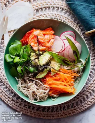  ??  ?? Salmon, avocado and seaweed poke bowl; left, tuna and papaya poke bowl.