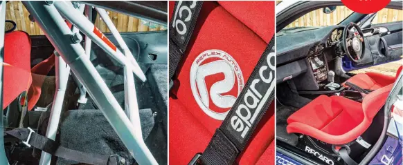  ??  ?? Bolt-in rear cage has been refinished in white, while Recaro Pole Position seats are trimmed in red, the work of Capital Seating in Leicester