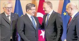  ?? REUTERS ?? Turkish PM Ahmet Davutoglu (2nd from left) with European Commission President Jean-Claude Juncker (left), European Council President Donald Tusk (2nd from right) and European Parliament President Martin Schulz at the EU-Turkey summit in Brussels on Monday.