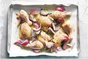  ?? NYT PHOTO ?? DAVID MALOSH
Pieces of chicken and red onion wedges are roasted 10 minutes before adding rhubarb pieces to the pan. Before serving, taste the rhubarb: If there’s too much pucker, drizzle with more honey.