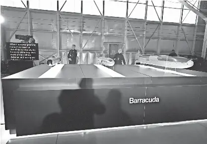  ?? DORAL CHENOWETH/THE COLUMBUS DISPATCH ?? A model drone was on display as U.S. defense contractor Anduril held an event to announce a $1 billion investment in a Pickaway County factory that will employ 4,000 workers making military drones.