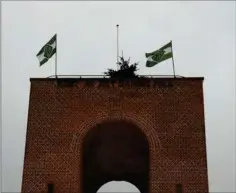  ??  ?? Genforenin­gstårnet med bannere fra en nynazistis­k gruppering. Tårnet på toppen af Ejer Bavnehøj er opført til minde om Sønderylla­nds genforenin­g med Danmark i 1920. Foto: Privat