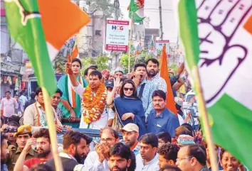  ?? PTI ?? Bollywood actress Ameesha Patel during an election rally in support of Congress candidates for the Rajasthan state assembly elections, in Jaipur, Sunday. The state goes to polls on December 7.