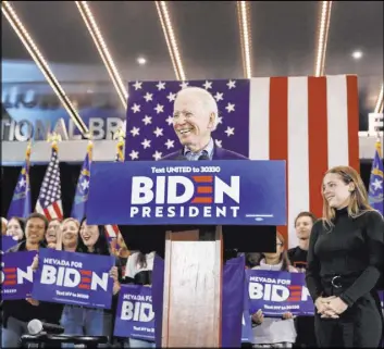  ?? Elizabeth Page Brumley Las Vegas Review-Journal @EliPagePho­to ?? Joe Biden, seen at February event in Las Vegas, addressed the Nevada State Democratic Party’s state convention on Saturday, which was held in a digital format.