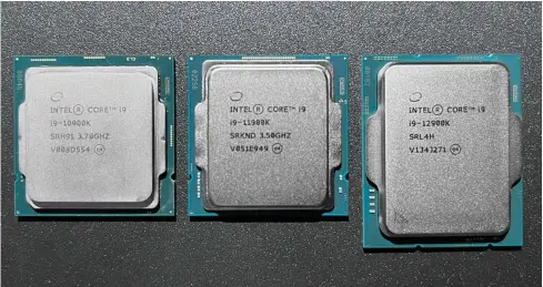  ?? ?? At a glance, from left to right: Intel Core i9-10900K, Core i9-11900K and the latest and largest Intel Core i9-12900K processor.
