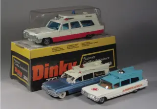  ??  ?? ▲ Both Corgi and Dinky issued their earlier Superior Cadillac ambulances in 1962. The Dinky, centre, having the distinct advantage over Corgi’s graph-induced smaller 1/54 scale. In 1971, when Dinky really did ‘go large’, both brands still had remnants of their smaller scale ranges in the catalogues.