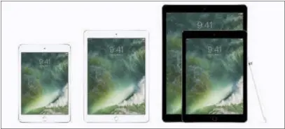  ?? ASSOCIATED PRESS ?? This photo provided by Apple shows the family of iPads, from left, the iPad mini 4, the new iPad, the 9.7-inch iPad Pro and the 12.9-inch one, along with the Apple Pencil. On Tuesday, March 21, 2017, Apple cut prices on two iPad models and introduced...