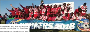  ??  ?? Triangle players lift the Chibuku Super Cup trophy at Gibbo Stadium