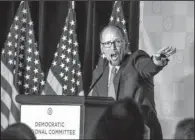  ?? AP/BRANDEN CAMP ?? New Democratic National Committee Chairman Tom Perez gives his victory speech Saturday in Atlanta, calling on Democrats to fight “the worst president in the history of the United States.”