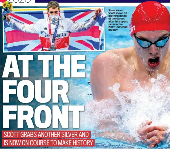  ??  ?? Silver racer: Scott shows off his third medal of the Games after his superb swim in the 200m individual medley