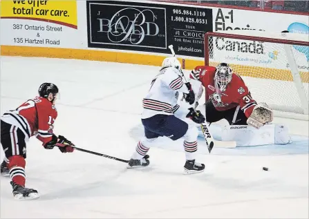  ?? JULIE JOCSAK THE ST. CATHARINES STANDARD ?? Goaltender Stephen Dhillon defends the Niagara net in OHL playoff action against Oshawa Friday night at Meridian Centre in St. Catharines.