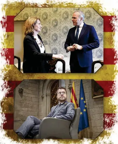  ?? ?? Arriba, la ministra Teresa Ribera junto al presidente de Aragón, Jorge Azcón. Abajo, el ‘president’ Aragonès.