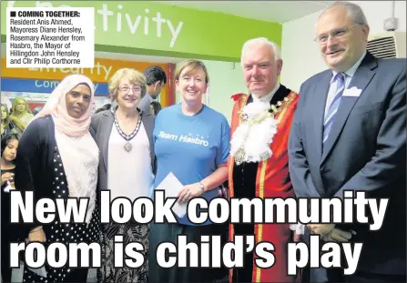  ??  ?? n Resident Anis Ahmed, Mayoress Diane Hensley, Rosemary Alexander from Hasbro, the Mayor of Hillingdon John Hensley and Cllr Philip Corthorne