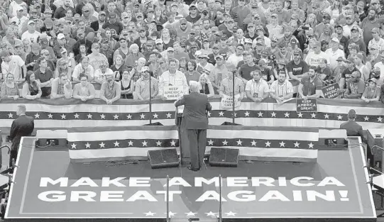  ?? MANDEL NGAN/GETTY-AFP ?? President Donald Trump speaks during a rally at the Amway Center in Orlando to officially launch his 2020 campaign on Tuesday.