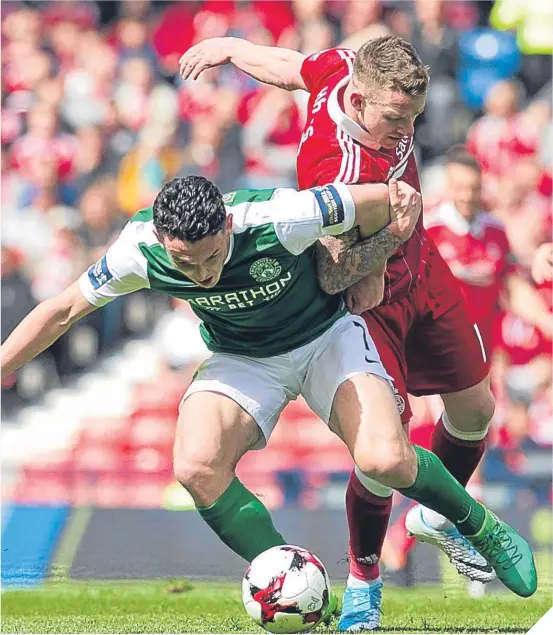  ??  ?? ■ Hibs’ John McGinn shields the ball under pressure from Aberdeen’s Jonny Hayes.