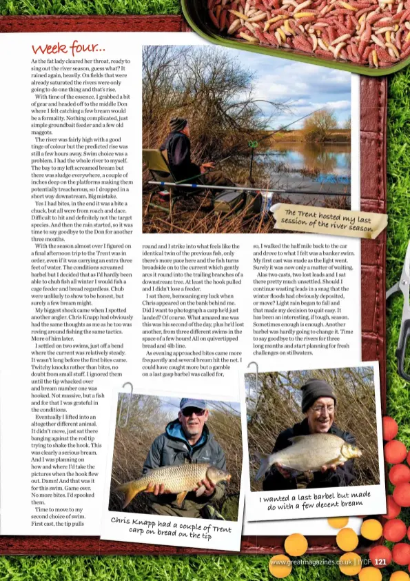  ??  ?? Chris Knapp had a couple of Trent carp on bread on the tip made I wanted a last barbel but do with a few decent bream The Trent hosted my last session of the river season