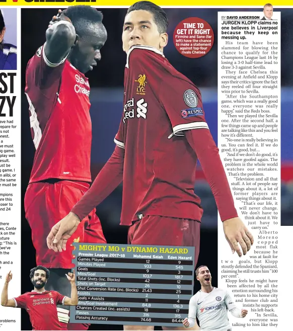  ??  ?? TIME TO GET IT RIGHT Firmino and Sane (far left) have the chance to make a statement against top-four rivals Chelsea