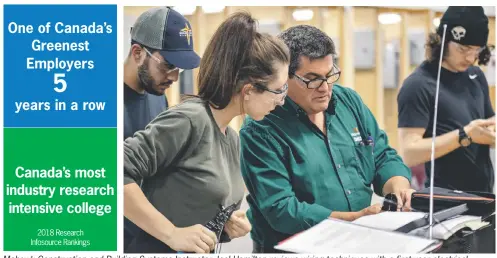  ??  ?? Mohawk Constructi­on and Building Systems Instructor Joel Hamilton reviews wiring techniques with a first-year electrical student.