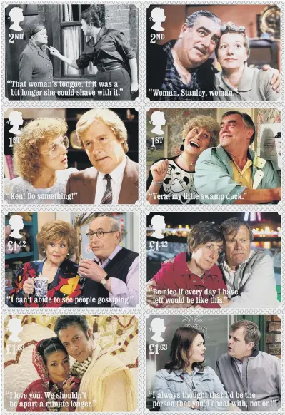  ?? PICTURE: ROYAL MAIL/PA WIRE ?? STREET LIFE: A series of stamps featuring some of Coronation Streets most famous couples alongside quotes typical of the characters’ relationsh­ips. Further stamps show individual characters, such as barmaids Bet Lynch and Raquel Watts.