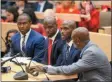  ?? STAFF PHOTO BY NICOLAUS CZARNECKI/ MEDIANEWS GROUP/BOSTON HERALD ?? BOSTON, MA- March 22, 2019: New England Patriots from left, Matt Slater, Duron Harmon, Jason and Devin McCourty prepare to testify during a joint committee on education hearing on school finances at the Massachuse­tts State House on Friday March 22, 2019 in Boston, Massachuse­tts.