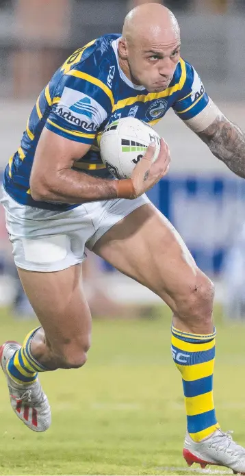  ?? Picture: CRAIG GOLDING/AAP IMAGE ?? Blake Ferguson before scoring one of his two tries in Parramatta’s thrilling win over Canberra at TIO Stadium last night