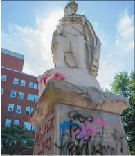  ?? RICH HUNDLEY III — FOR THE TRENTONIAN ?? The George Washington monument in Trenton was vandalized in the wake of nationwide calls for more racial inclusivit­y.