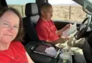  ?? Anna East ?? Mike and the author recording a story in the truck by the buffalo enclosure. Photograph: