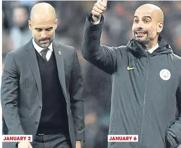  ??  ?? Pep Guardiola’s mood has swung from one extreme to the other in the past few days.