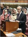  ?? (AP/National Assembly Office) ?? Pakistan’s newly elected Prime Minister Shehbaz Sharif delivers his acceptance speech Sunday after his appointmen­t in Islamabad.