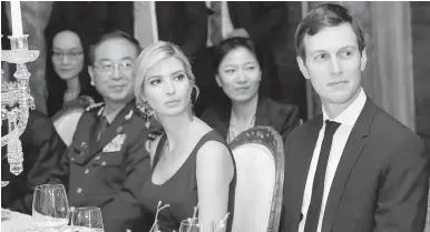  ??  ?? Ivanka Trump and her husband, Jared Kushner, at a dinner for the visiting Chinese presidenti­al delegation at Mar-a-Lago, in Palm Beach, Florida, this month.