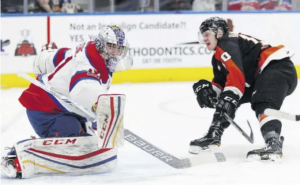  ?? IAN KUCERAK ?? Oil Kings goaltender Josh Dechaine turned in a solid effort, making 36 saves in an overtime loss to Medicine Hat on Wednesday night.