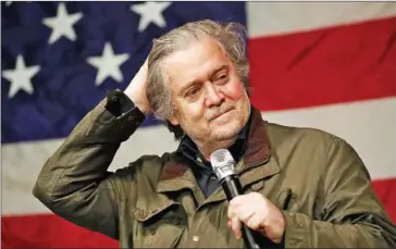  ??  ?? Steve Bannon speaks before introducin­g former Republican senatorial candidate Roy Moore during a campaign event at Oak Hollow Farm in Fairhope, Alabama, on December 5.