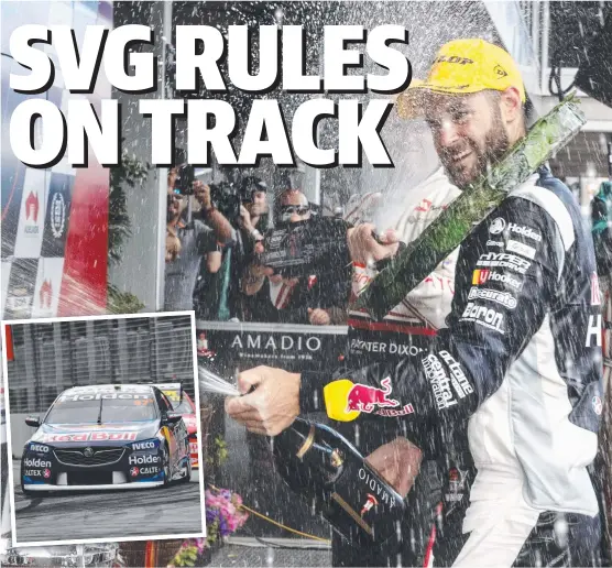  ?? FAST FINISH: Holden driver Shane van Gisbergen of Red Bull Holden Racing Team celebrates his win ( inset) at the Adelaide 500 yesterday. ??