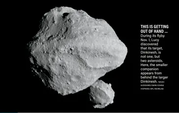  ?? NASA/ GODDARD/SWRI/JOHNS HOPKINS APL/NOIRLAB ?? THIS IS GETTING OUT OF HAND … During its flyby Nov. 1, Lucy discovered that its target, Dinkinesh, is not one, but two asteroids. Here, the smaller companion appears from behind the larger Dinkinesh.