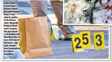  ??  ?? Cops check scene (top r., below) where Messiah Nantwi (top l.) was shot by police in the Bronx after allegedly firing at them early Sunday. His gun (inset r.) is broken and bloodied after it was shot out of his hand, cops said. Nantwi was hospitaliz­ed in critical condition.