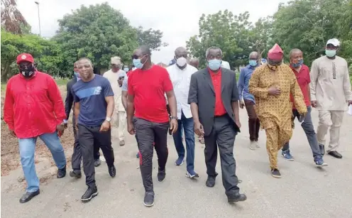  ??  ?? Minister, Youth and Sports Developmen­t, Sunday Dare (3rd from left) alongside members of the inspection team at the MKO Abiola National Stadium.