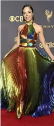  ??  ?? Tessa Thompson’s rainbow inspired frock looks great.