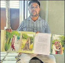  ?? HT PHOTO ?? Jaswinder Singh of Barnala, who spent Rs 18 lakh to send his wife to Canada on a study visa, shows a copy of the complaint and his wedding pictures.