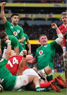  ??  ?? Tadhg Furlong reacts after scoring his try against Wales.