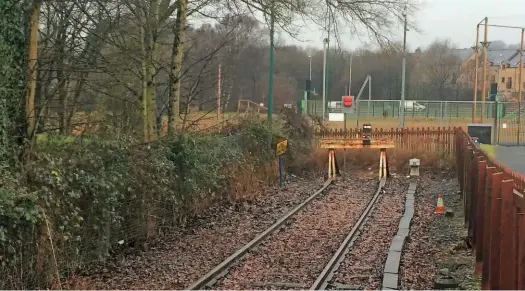  ??  ?? The end of the line. The buffer stops at Colne on February 3. It’s hard to believe a double-track railway once continued northwards from here. The all-weather football pitch can be seen, as can the cars on Vivary Way - the first major obstacles to...