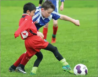  ??  ?? Oishin O’Carroll, Tralee Dynamos and Ryan O’Connor, Inter Kenmare in action on a very wet morning in Tralee in the Under 12 league Photo by Domnick Walsh / Eye Focus