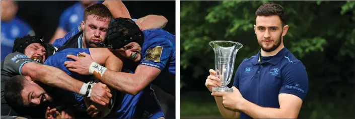  ??  ?? Josh Murphy in the thick of the action against Glasgow Warriors in the PRO14 league in February.
Josh Murphy with his Leinster Rugby player of the month award for March, 2018.