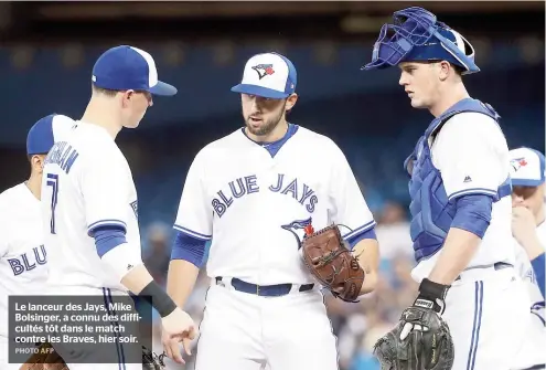  ??  ?? Le lanceur des Jays, Mike Bolsinger, a connu des difficulté­s tôt dans le match contre les Braves, hier soir.