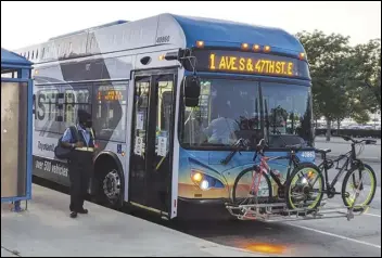  ?? VALLEY PRESS FILES ?? This is one of Antelope Valley Transit Authority’s all-electric bus fleet, which is the only all-electric local bus fleet in the nation. An AVTA analysis shows a dramatic reduction in harmful pollution if every other transit authority in the US had an all-electric fleet.