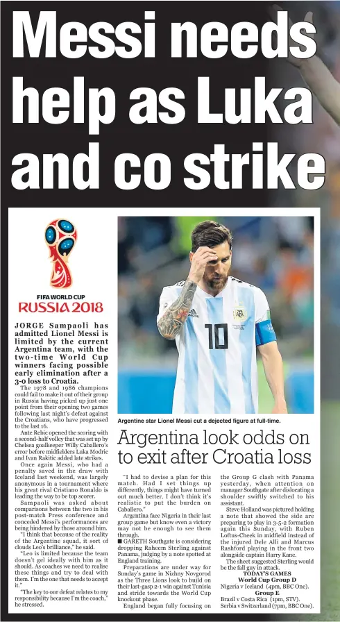  ??  ?? Argentine star Lionel Messi cut a dejected figure at full-time.